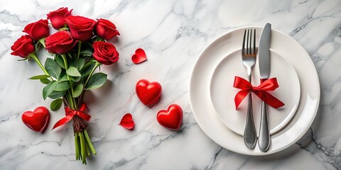 Romantic Valentine's Day Dinner Plate Setting: Top View Flat Lay on Marble