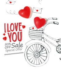 Valentine's Day sale banner with hand drawn bicycle next to red hearts