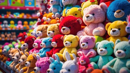Shelves of colorful plush animals in toy section