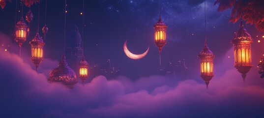 Naklejka premium Night city lanterns crescent moon cloudscape