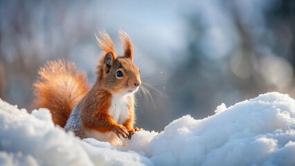 Snowy forest, tiny red squirrel, furry little creature