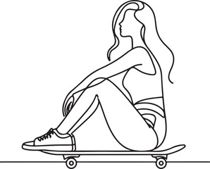 Minimalist Line Drawing Young Woman on Skateboard