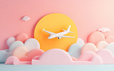 3D airplane flying through colorful clouds with sunset backdrop creates whimsical travel theme. soft pastel colors evoke sense of adventure and creativity
