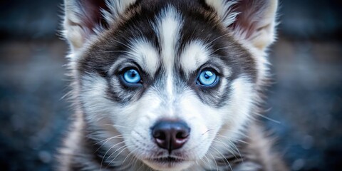 Fototapeta premium Close-up on blue eyes of a Siberian Husky puppy looking directly at the camera with big round pupils