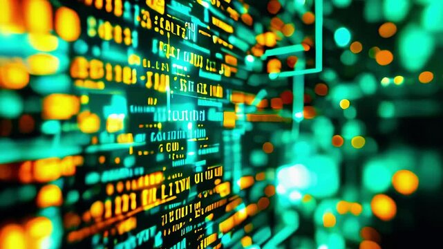 Abstract digital data stream with glowing binary code and circuit patterns, representing technology trends