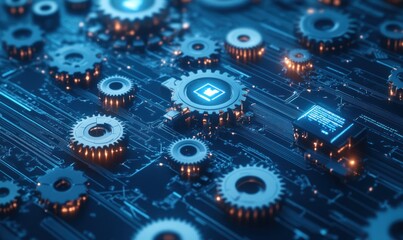 Gears on circuit board, intricate design, glowing effect. Technology concept illustration