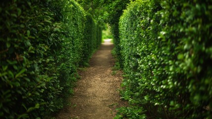 Naklejka premium A Serene Path Flanked by Lush Green Hedges in Nature