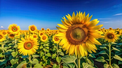 Large bright yellow sunflower field with tall slender stems and vibrant blue sky without clouds on a sunny day, nature