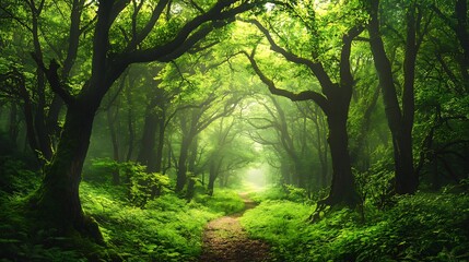 Obraz premium A Path Through a Sunlit Green Forest