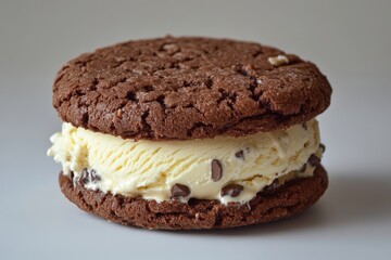 Chocolate chip cookie ice cream sandwich. Perfect for dessert menus, blogs, or food articles.