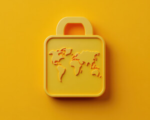 vibrant yellow travel security emblem featuring world map design, symbolizing global travel safety and protection. This clean and simple 3D style emphasizes security and adventure