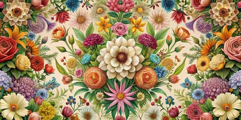Floral patterns of various colors and shapes create an intricate design that repeats infinitely in all directions