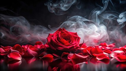 Elegant rose petals enveloped in a mesmerizing swirl of red smoke against a dark and mysterious black background, flower, shadows