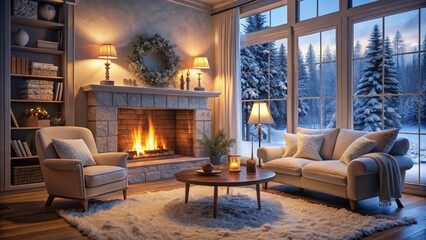 Cozy living room with a crackling fireplace and warm lighting on a snowy winter day, snow, cozy,  snow, cozy