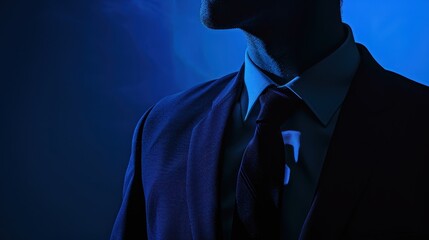 A confident individual in a suit illuminated by dramatic blue light