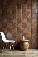 Modern Minimalist Interior Design Featuring a Wooden Side Table and White Chair Against a Rich Brown Tiled Wall