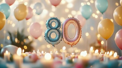 Cheerful 80th Birthday Celebration with Colorful Balloons, Sparkling Candles, and Joyous Decorations Capturing a Milestone Event in a Festive Atmosphere