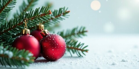 Obraz premium Festive Red Ornaments Adorned with Sparkling Snow Resting on a Snowy Branch of an Evergreen Tree