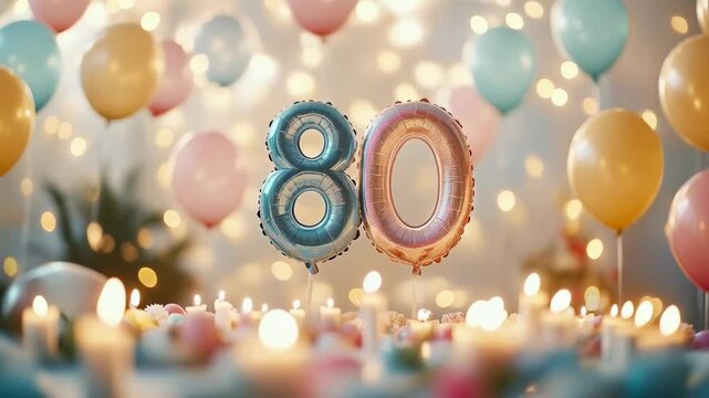 Cheerful 80th Birthday Celebration with Colorful Balloons, Sparkling Candles, and Joyous Decorations Capturing a Milestone Event in a Festive Atmosphere