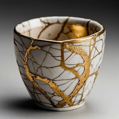 Kintsugi, close-up of white bowl with golden repair lines, Japanese art of golden joinery concept.