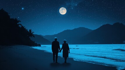 Fototapeta premium Romantic Evening Walk on Beach Under Full Moonlight and Stars