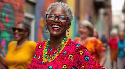 Fototapeta premium Joyful Senior Woman Smiling in Colorful Urban Street Art Alley