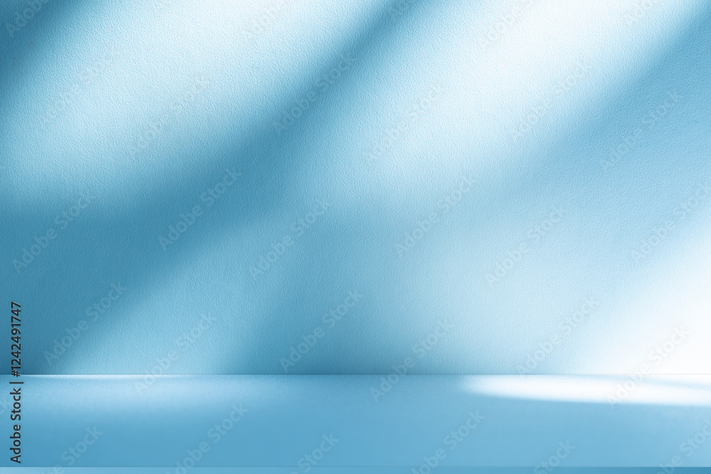 Poster Wall interior background, studio and backdrops show products. with soft light shadow from window color blue and white. background for text insertion and presentation of product	