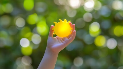 A child's hand holding a yellow sun on a playful bokeh background encouraging childhood health community activities social initiatives celebration of wellness family bonding and fostering wellbeing