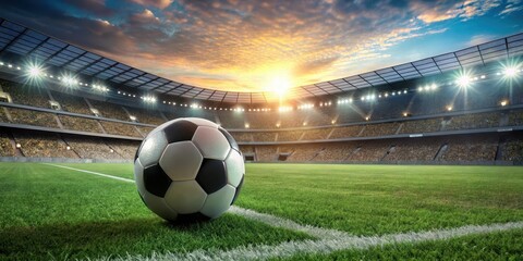 A soccer ball lies on the grass in a football stadium, grass, sports equipment,  grass