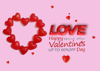 Valentine s Day sale banner with small hearts arranged in the shape of a big heart.