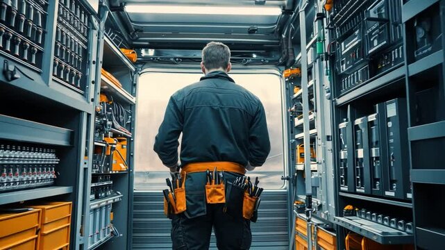 Technician in Mobile Workshop: A skilled technician stands in his mobile workshop, a well-organized van filled with tools and equipment.  He contemplates the day's work ahead.