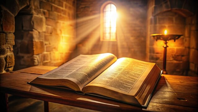Illuminated biblical text with soft glowing light in ancient church architecture, divine, illumination