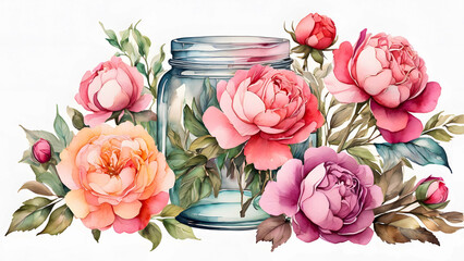 A rustic touch of romance, watercolor roses nestled in a mason jar, a perfect Valentine's Day gift.
