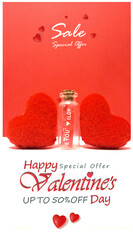 Valentine s Day promotional poster with a red and white color theme and two hearts in the middle.