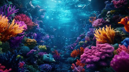 Fototapeta premium Vibrant Underwater Scene with Colorful Coral Reef and Fish