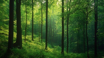 Obraz premium Sunlit Forest with Tall Trees and Lush Undergrowth