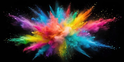 Powder explosion on black background, vibrant colors scattered everywhere, multicolored