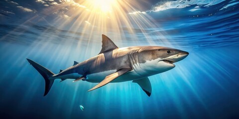 Fototapeta premium A Great white shark swimming near the ocean surface with sunlight reflecting off its body on a clear transparent blue background, aquatic animal, ocean creatures
