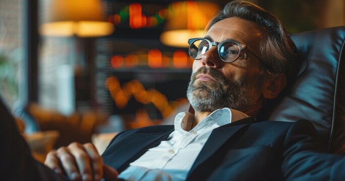 Relaxed Investor Analyzing Market Trends with Confidence and Ease