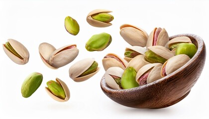Pistachio nuts on white background. Flying pistachios isolated on white background.