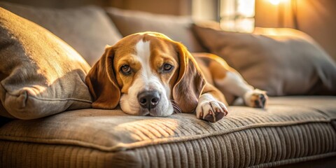 Obraz premium A sleepy beagle lying on a worn-out brown sofa in a cozy living room with soft, warm lighting and comfortable cushions