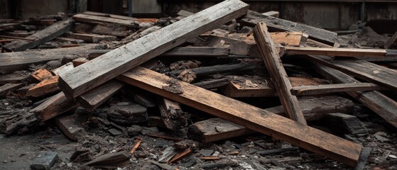 Obraz premium A pile of wooden beams and rubble showcasing industrial materials in an abandoned warehouse context