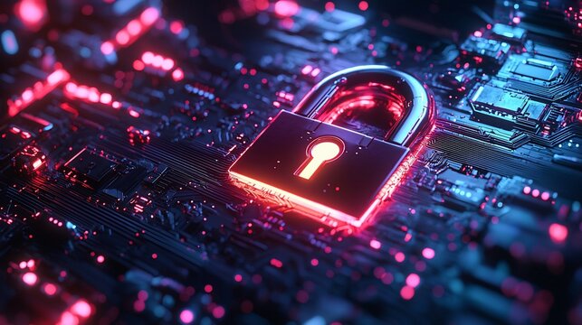 A glowing padlock symbolizing cybersecurity on a digital circuit board with vibrant neon lights