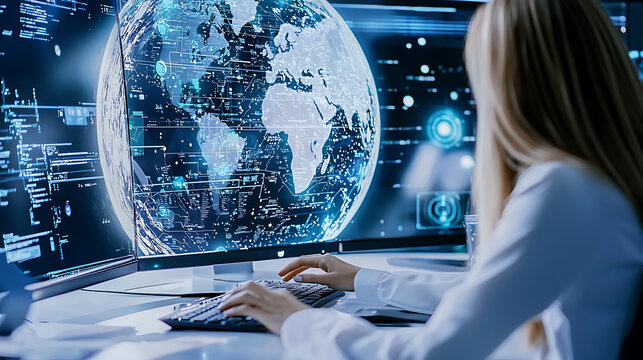 data scientist analyzing global datasets on multiple screens, showcasing technology and innovation