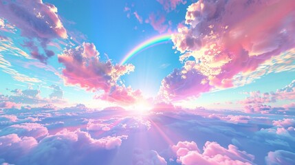 Happy 3D peach painting a rainbow in the sky