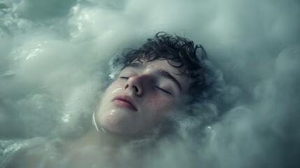 A young individual with their head in a misty dreamscape exploring depression addiction loneliness and mental health