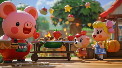 Obraz premium Peach character having a barbecue with friends