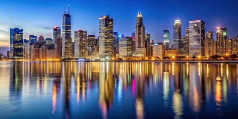 Fototapeta premium Chicago Downtown Cityscape at Night with Glowing Skyscrapers, Reflecting Off the Water , downtown, skyscrapers, downtown