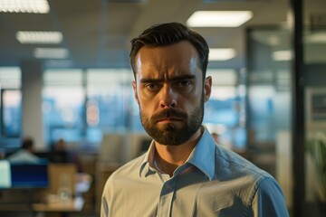 Obraz premium Serious man in office setting with focused expression and soft lighting