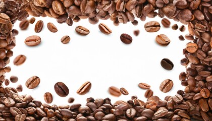 Obraz premium Coffee beans on a white background. Falling coffee beans closeup frame isolated on white background.
